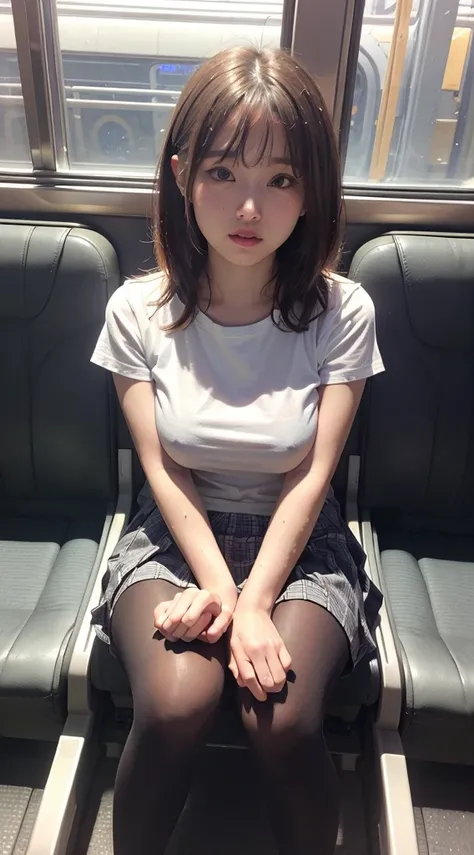 Highest quality、masterpiece、Black Pantyhose、She is sitting on a train seat with her legs spread wide、((Front view from below))、Plump and large breasts、Medium Bob Hair、White shirt、Pleated skirt、Staring at the audience、Red face、White panties、Wet clothes、