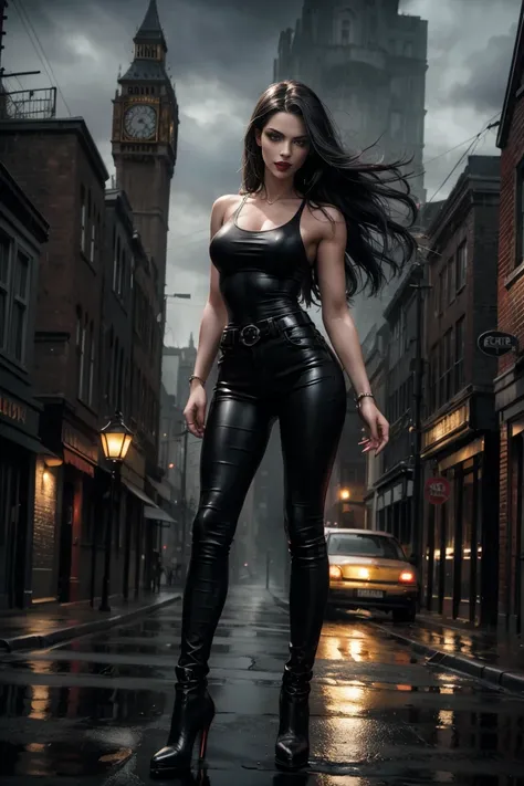 Full body shot a beautiful 25 years old British female vampire, long black hair, green eyes, red lips, muscular body, tight black sleeveless tank top with a deep neckline and black leather tight pants, mid-thigh black leather boots with bird heels view fro...