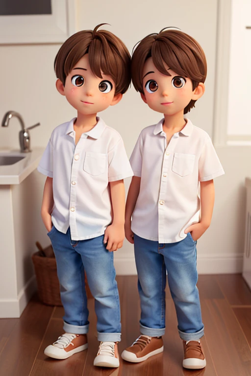 two twin boys  6 years old with brown hair and brown eyes on a white background darker blue oxford jeans and white shirt