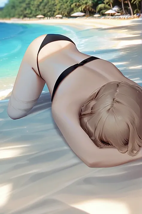 ((Лучшее качество)), ((шедевр)), (подробный), girl, beach, lying on her stomach, black micro bikini,