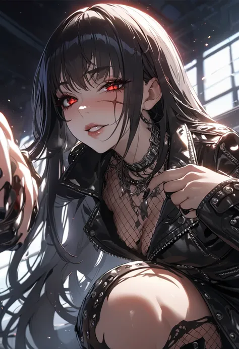 best quality, masterpiece, ultra-detailed, illustration, dynamic pose, 1girl, beautiful detailed eyes, beautiful detailed lips, extremely detailed eyes and face, long eyelashes, face scar, red eyes, black hair, looking at viewer, evil smile, heavy eyeliner...