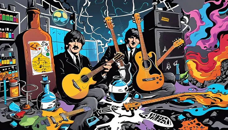 Masterpiece; Guitars and drums in a small science lab(((several science bottles around the room))); World map on the wall. Beatles and Stones complete with speakers and glass flasks of chemistry, embody the resilience and tenacity of the scientific communi...