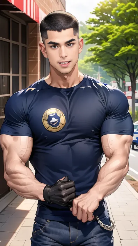 (handsome Man),(crew cut short hair:1.8),black eye,(Wear a fitted round neck t-shirt in navy with a police badge.:1.5),(fit neck),Navy blue jeans,(black_gloves:1.2), Korean guy,chest muscles,large arm muscles,blood vessel,Big muscles,Broad shoulders, (open...