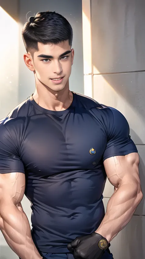 (handsome Man),(crew cut short hair:1.8),black eye,(Wear a fitted round neck t-shirt in navy with a police badge.:1.5),(fit neck),Navy blue jeans,(black_gloves:1.2), Korean guy,chest muscles,large arm muscles,blood vessel,Big muscles,Broad shoulders, (open...