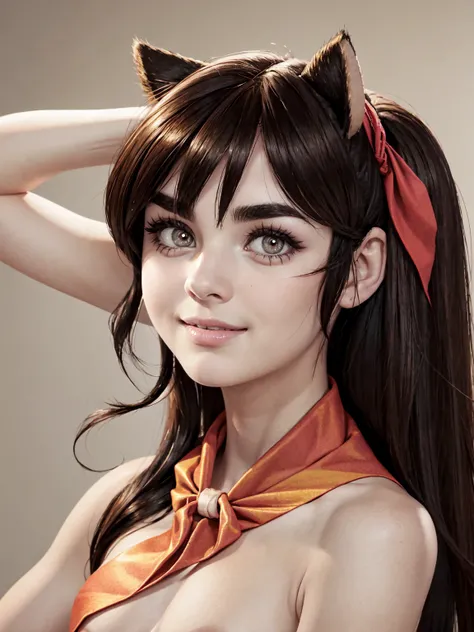 very young slim fit girl, at full height, rounded face, very long disheveled dark brown hair, big brown eyes, shy smile, accurate eyebrows, perfect flat breast, band on head with fake cat ears, parororo, topless, nude , bangs, eyelashes, (red neckerchief:1...