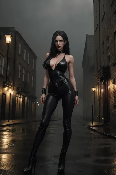 Full body shot a beautiful 25 years old British female vampire, long black hair, green eyes, red lips, muscular body, tight black sleeveless tank top with a deep neckline and black leather tight pants, mid-thigh black leather boots with bird heels view fro...