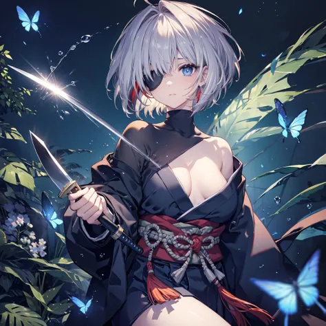 (((1 person　Put on an eye patch　Gray Hair)))　((High resolution　short hair　Black kimono　red streak　Shoulder　Rin々Funny face　knifeを構える))　((Black Band　samurai　Lonely　despair　blue eyes　Close-up))　((Blue Butterfly　night　Japanese style　old　Shining Aura　garden　wat...