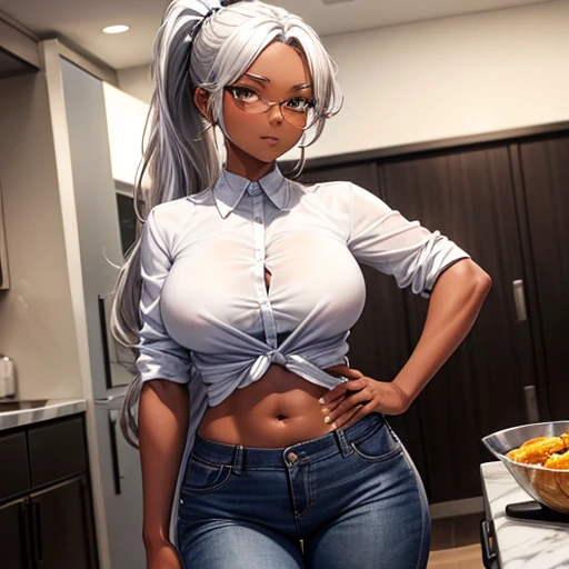 A dark-skinned woman with silver hair in a ponytail, Wearing a black dress shirt and slim jeans, making omelet rice　Showing your belly button