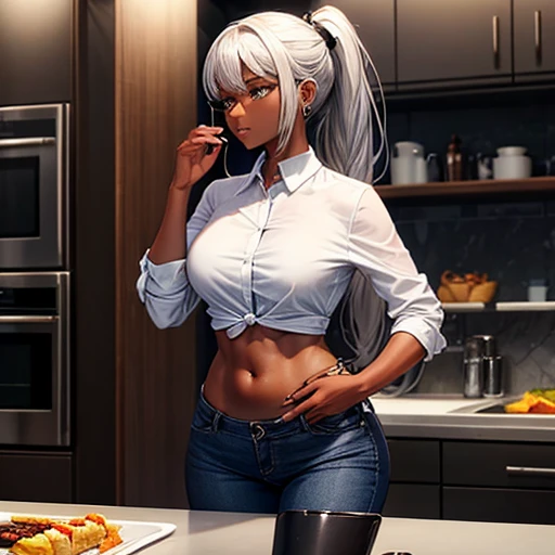 A dark-skinned woman with silver hair in a ponytail, Wearing a black dress shirt and slim jeans, making omelet rice　Showing your belly button