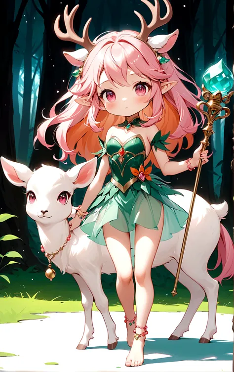 game character，Cartoon anime style，beautiful girl，Cute expression，Fluffy pink hair，Pink Eyes，Cute pink deer antlers，Elf ears，Orange tulle short skirt，Metal gem-encrusted scepter glows，Slender legs，Standing barefoot，Bells on anklets。(((Correct human anatomy...