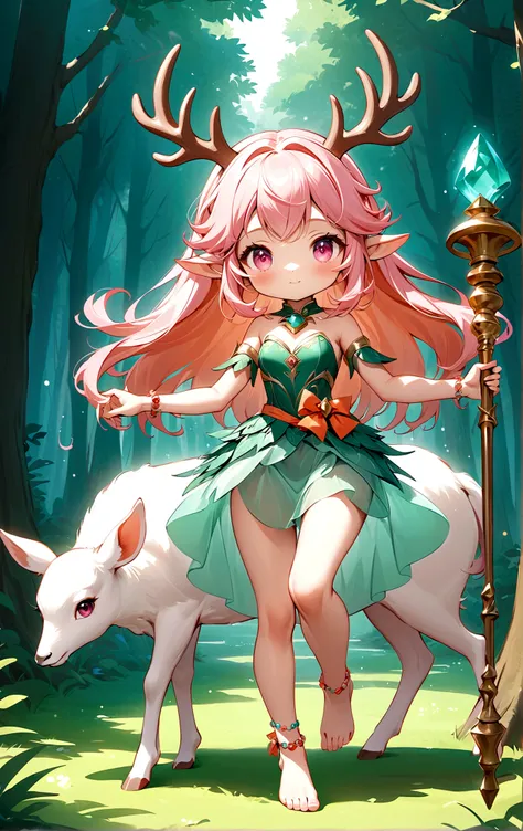 game character，Cartoon anime style，beautiful girl，Cute expression，Fluffy pink hair，Pink Eyes，Cute pink deer antlers，Elf ears，Orange tulle short skirt，Metal gem-encrusted scepter glows，Slender legs，Standing barefoot，Bells on anklets。(((Correct human anatomy...