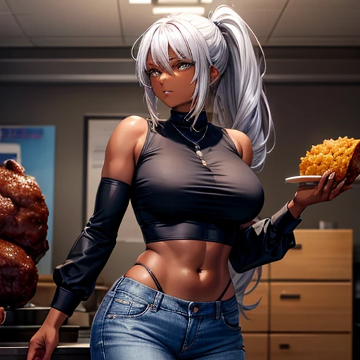 A dark-skinned woman with silver hair in a ponytail, Wearing a black dress shirt and slim jeans, Fried bear meat　Showing your belly button