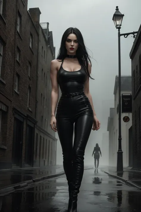 Full body shot a beautiful 25 years old British female vampire, long black hair, green eyes, red lips, muscular body, tight black sleeveless tank top with a deep neckline and black leather tight pants, mid-thigh black leather boots with bird heels view fro...