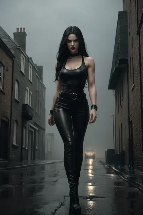 Full body shot a beautiful 25 years old British female vampire, long black hair, green eyes, red lips, muscular body, tight black sleeveless tank top with a deep neckline and black leather tight pants, mid-thigh black leather boots with bird heels view fro...