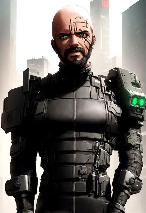 (masterpiece, 32k, 8k, cgi, cyberpunk effect), man, 46 years old, tanned black skin, deep green eyes, serious expression, bald, black Swat uniform, cyberpunk city setting, full black beard, face with very masculine features, tall and muscular man