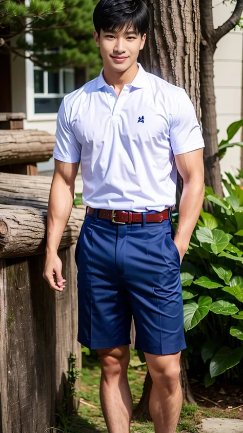 (Create a masterpiece: 1.2),(CGI art:1.3),(realistic:1.5),(After processing:1.3),(Sharp focus:1.3),10,1 man, smile, (Wear a white school shirt.), (Dark blue shorts:1.2),brown belt, Korean guy , korean men, (High gloss details), chest muscles, large arm mus...