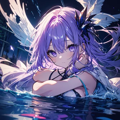 1 girl、Mature、Ample breasts、Purple Hair、Long Hair、Sharp Eyeidnight、Floating on the lake、Lying on your back、Hair spreading on the water surface、Close ~ eyes、Put your hands together in front of your chest、moonlight shines in、dress、Sleeping、In the water、Stray...