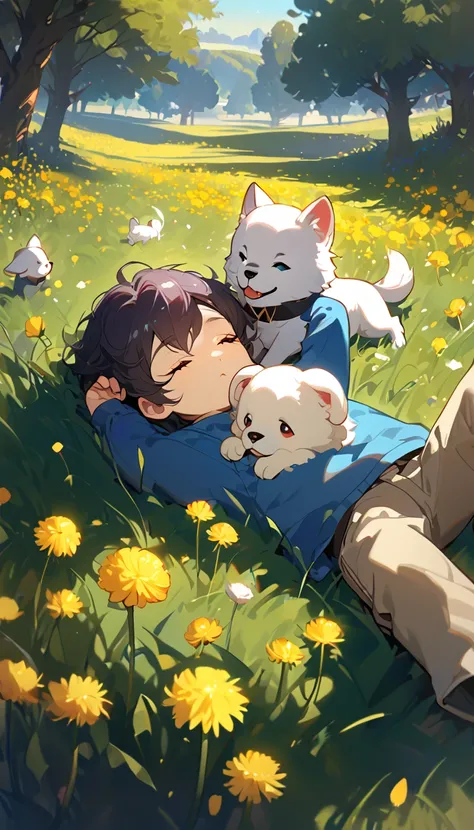 masterpiece, best quality, 8k, 4k, 1boy, kid, sleeping, dark blue hair with red stripes, blue long sleeve shirt, short pale brown pants with pocket, lay down on the field, a small white furry puppy sleeping next to the boy, cute round siberian white puppy,...