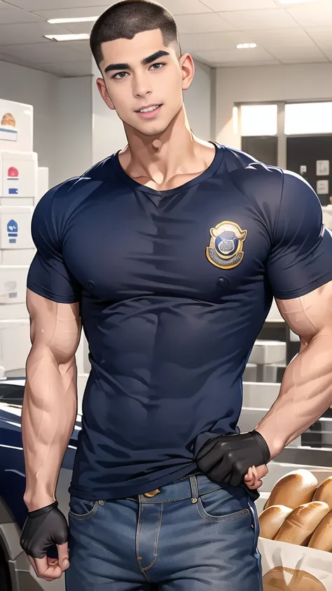 (handsome Man),(crew cut short hair:1.8),black eye,(Wear a fitted round neck t-shirt in navy with a police badge.:1.5),(fit neck),Navy blue jeans,(black_gloves:1.2), Korean guy,chest muscles,large arm muscles,blood vessel,Big muscles,Broad shoulders, (open...