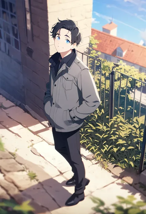 masterpiece,depth of field,8K,looking at the viewer,Grey coat,looking up,black leather shoes,black hair,blue eyes,afternoon,sky,man,hands in pockets,smiling