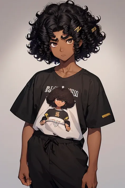 (1 boy),(anime),(young),(16 year old teenager),(height 1.80),(short and curly black hair Brazilian afro style: 1.5),(black skin color:1.5),(Average physical height of a teenager), (black brown eyes), (Brazilian nationality: 1.5)