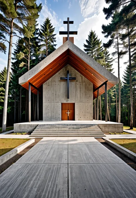 Exterior perspective of a contemporary Catholic church, modern architecture style, concrete materials, central cross, forest setting, wide angle camera shot, realistic image quality