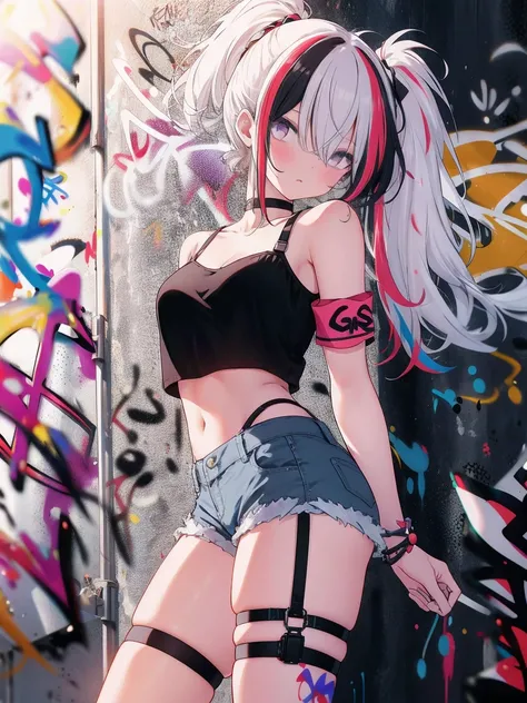 absurdres, best quality,1girl, solo, streaked hair, crop top, denim shorts, choker, (graffiti:1.4),  paint splatter, arms behind back, (slouching), (leaning back:0.5), against wall, (leaning to the side:0.5), looking at viewer, armband, thigh strap, streak...