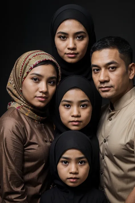 3D caricature photo, Indonesian family, big heads, wearing batik Muslim family uniforms, consisting of a father with neat short undercut hair, a mother wearing a hijab, a teenage daughter wearing a hijab and a small boy aged 5 years in family clothes, base...