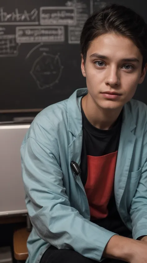 A beautiful young twink, cute male, with black hair and a face with makeup. He is wearing a long-sleeved aquamarine shirt and black jeans. He is in his luxurious scientific office, and behind him is a blackboard with neurons and calculus written on it, and...