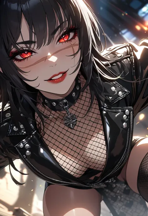 best quality, masterpiece, ultra-detailed, illustration, dynamic pose, 1girl, beautiful detailed eyes, beautiful detailed lips, extremely detailed eyes and face, long eyelashes, face scar, red eyes, black hair, looking at viewer, evil smile, heavy eyeliner...