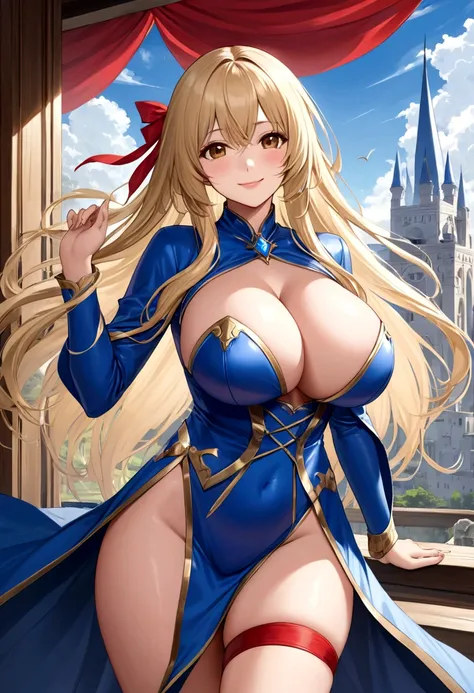 ​masterpiece、high-level image quality、photographrealistic、Fantastic world、Longhaire、Big Breast、Large breasts、I can see the cleavage、Brown eyes、shiny blonde hair、Blue Wizard Outfit、sexy smiling、Painting from the front、The wind is blowing、Red ribbons