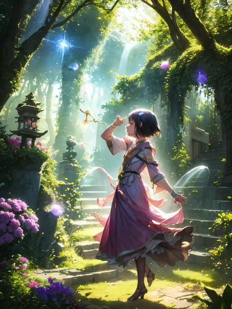 Mysterious glowing spell casting girl, Fantasy Rainbow Forest, Vibrant colors, Fantastic lighting, Detailed leaves, Magical atmosphere, Fascinating views, Dreamy atmosphere, Sparkling Sparkle, Loose-fitting robes, small spell, Mysterious creatures, Magic T...