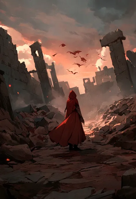 In a world after civilization has collapsed、A row of weathered ruins.,Standing there,Red long dress, Red Hood, A lot of red clothes are flying in the air, high quality, 8K