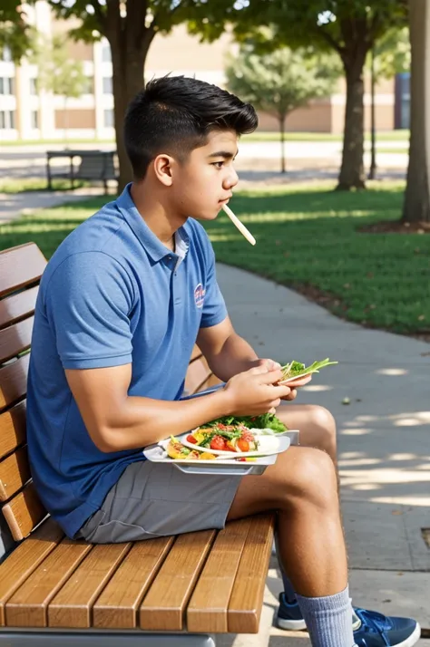 A student located on a bench at his school, eating a healthy meal