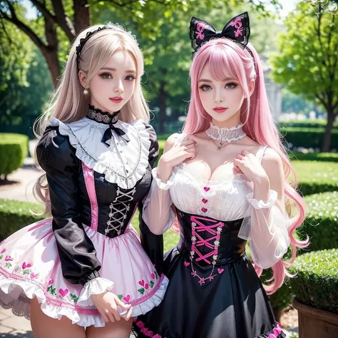 sexy stylish Russian model, only 1 female, ((doll-like appearance)), long neon pink stylish hair, ((shiny Victorian-Style boots)), (big smile), ultra detailed eyes, very detailed eye makeup, lipgloss, long lashes, defined eyebrows, ((sexy Sweet Lolita cosp...