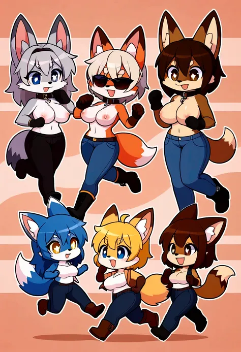 5girls, wolf and fox and tanuki and jackal and coyote, furry, bodyfur, tail, collar, topless, jeans, long pants, gloves, boots, chibi, sparkling eyes, full body, big breasts, sunglasses, running, ground