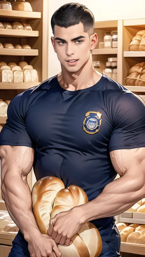 (handsome Man),(crew cut short hair:1.8),black eye,(Wear a fitted round neck t-shirt in navy with a police badge.:1.5),(fit neck),Navy blue jeans,(black_gloves:1.2), Korean guy,chest muscles,large arm muscles,blood vessel,Big muscles,Broad shoulders, (open...