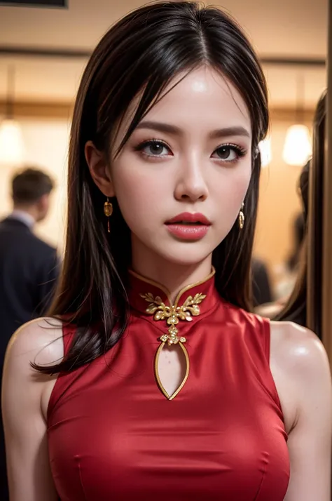 Half-length portrait:1.1，One dressed（Tight cheongsam：1.7）Beautiful woman，Surrounded by accessories，In a crowded Chinese restaurant，（Best quality，4K，8K，high resolution，masterpiece：1.2），Ultra Detailed，（lifelike，照片般lifelike，照片般lifelike：1.37），Detailed eyes，Det...