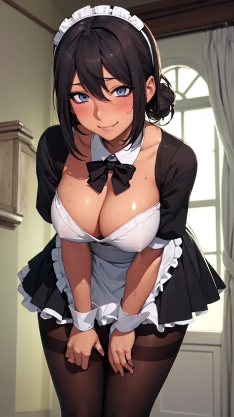 ((Correct Anatomy)),Highest quality, High resolution, (Maid),(mini skirt),(Beautiful legs),(Black knee high sock),Intense masturbation, blush, Embarrassing, smile,The whole body is sweating,Big Breasts,Ahegao,(Black Pantyhose)