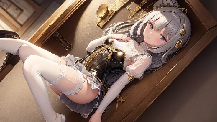 8 year old medieval girl, １people、In underwear、Gold and silver thread embroidery、Translucent underwear drawers that reach below the knee（bloomers）Wearing、Wearing a semi-transparent corset、Translucent slip, Grey translucent tights、sleep