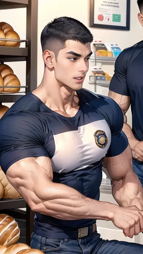 (handsome Man in table ),(crew cut short hair:1.8),black eye,(Wear a fitted round neck t-shirt in navy with a police badge.:1.5),(fit neck),Navy blue jeans,(black_gloves:1.2), Korean guy,chest muscles,large arm muscles,blood vessel,Big muscles,Broad should...