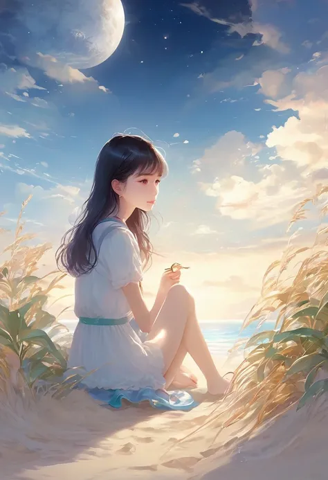 (A masterpiece of the highest quality:1.2)、A super detailed illustration，Perfectly shows the girl in the doomsday beach scenery。In the silence of the night、There is an atmosphere that is both sad and hopeful.。 that girl sits on the soft vegetation of the s...