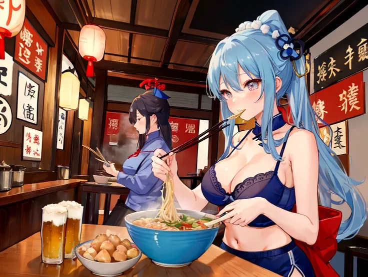 A cute student in underwear and an older teacher eat Chinese food together、Big boobs and small boobs、A thin cute blue bra、Thin cute blue underwear、Large serving of salt ramen, fried rice and gyoza set meal、Beer in a mug、