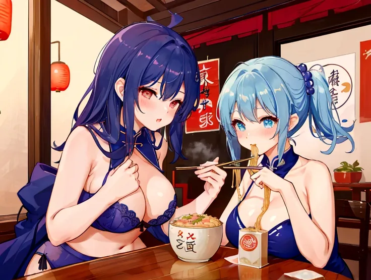 A cute student in underwear and an older teacher eat Chinese food together、Big boobs and small boobs、A thin cute blue bra、Thin cute blue underwear、Large serving of salt ramen, fried rice and gyoza set meal、Beer in a mug、