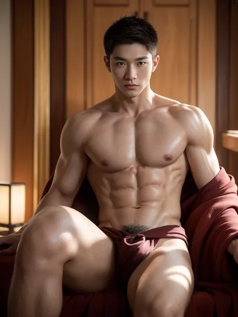 youthful korean kpop muscular monk, handsome, detailed bald head, tow-headed, shirtless :: without robe, Buddhism, serene, a detailed Dark Brown robe, Full Body Shoot, sitting pose :: manly, look at camera, (eyes contact), manliness posture, manly deportme...