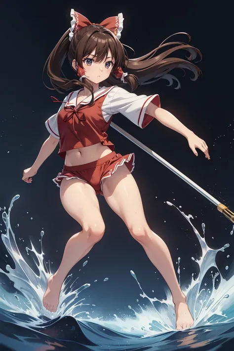 Reimu Hakurei, (Brown eyes:1.5), Brown Hair, bow, hair bow, Hair Tube, Long Hair, red bow, Side Lock, (((Slender body)))、(Navy blue cuffs and white short-sleeved gym uniform)、(Navy Blue Bloomers)、(
barefoot)、Navy blue socks、sports boots、Ground、Schoolyard、S...