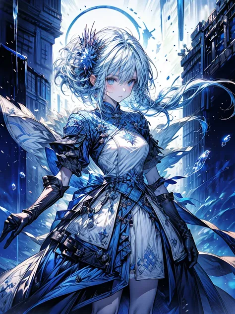 One beautiful woman、whole body、Standing posture、front、Transparent light blue hair、crystalのように輝く髪、Blue eyes that shine like jewels、Combat Uniform、Have a weapon、Slender、Slender、Highest quality、Super detailed、masterpiece、crystal、Ice and snow effect