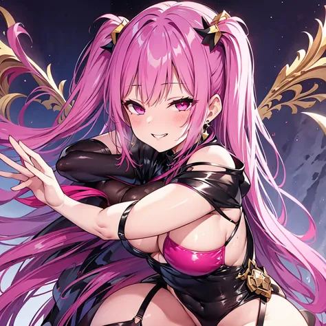 masterpiece, best quality, hyper detailed, 1girl, evil smiling, looking at viewer, 1girl, evil smiling, looking at viewer,flat chest,small breasts,pink hair,twintails,middle hair,pink eyes,with star-shaped eyes,bikini,sea,