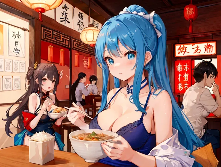 Four cute students in underwear eat Chinese food with gusto、Big boobs and small boobs、A thin cute blue bra、Thin cute blue underwear、Large serving of salt ramen, fried rice and gyoza set meal、Beer in a mug、