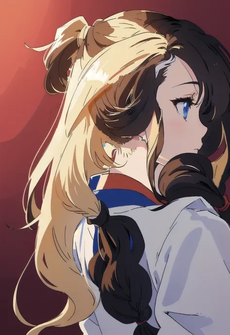 front side hair, braided hair front, front side ponytail, No back ponytail, anime shadow, Flat anime-style shadows, Semi-realistic anime style, anime long hair girl, Drawn in an anime artist studio, White clothing, blonde, White skin, Soft anime illustrati...